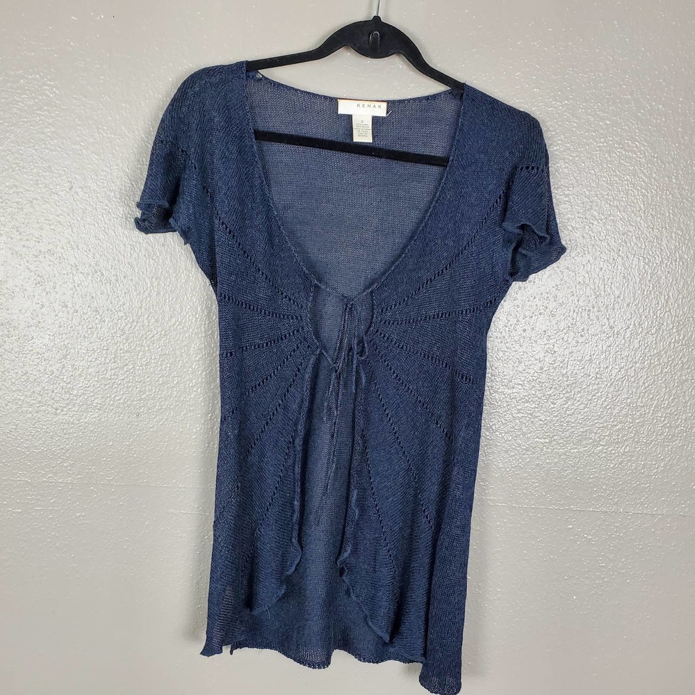 Kenar Blue Open Weave Crochet Langenlook Linen Blend Top S Boho
